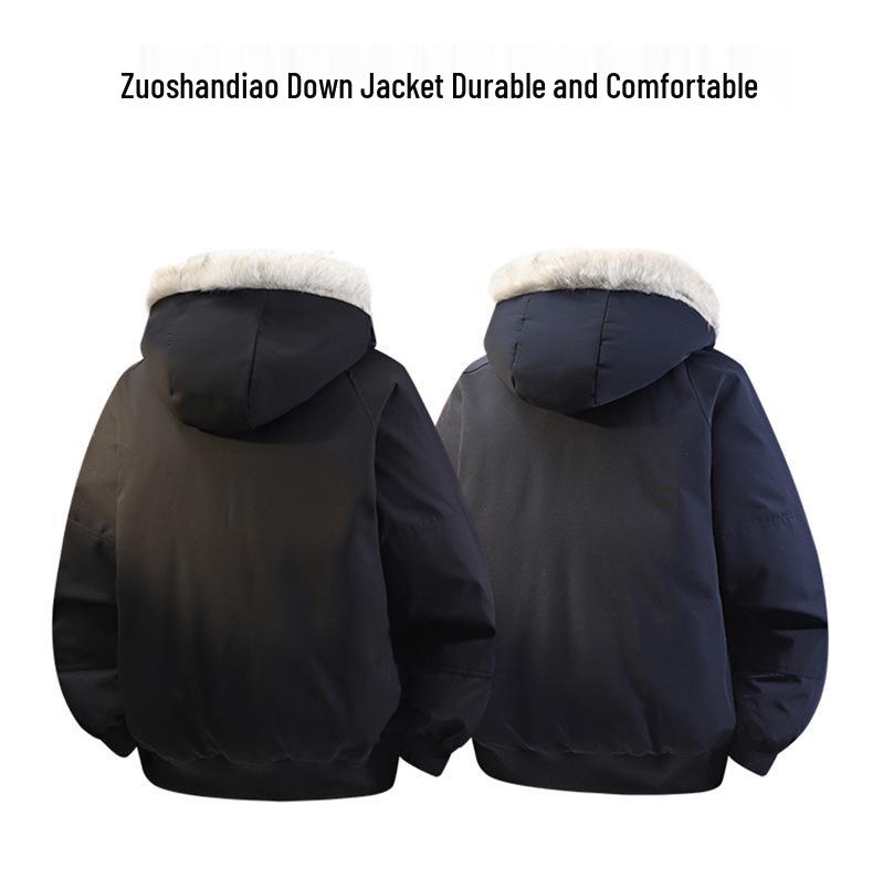 Jaqueta de Neve Masculina Retro com Capuz, Estampa Leopardo das Neves, Gola de Pelo Genuíno, 90% Penugem de Pato, Estilo Curto para Exterior.