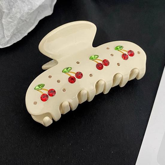 Hair Clip Sparkling Rhinestones Inlaid Cherry Decorative Pattern Back Head Hair Claw Large Wide Tooth Design Smooth Large Shark Clip