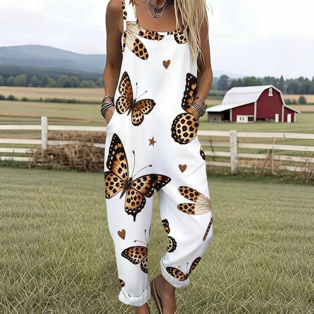 Women Plus Size Sleeveless Strap Jumpsuit White Leopard Football Helmet Print Loose Overalls With Pockets