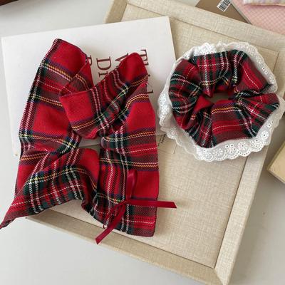 Plaid Christmas Scarf Scrunchie with Lace Edging - Red Women's Hair Tie Accessories
