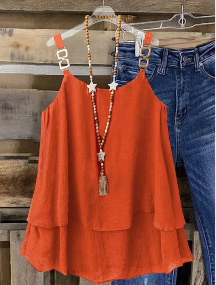 Spring and summer new crew neck women's clothing casual loose fashion elegant commuter vacation solid color double suspender top