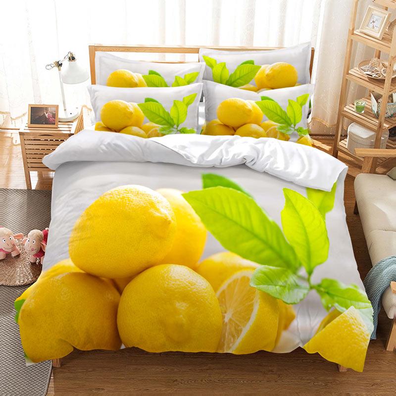 Meyveli Nevresim Takımı 3D Baskı Taze Limon Portakal Çilek Kiraz King Queen Çocuk Erkek Kız Gençler için Polyester Yatak Takımı