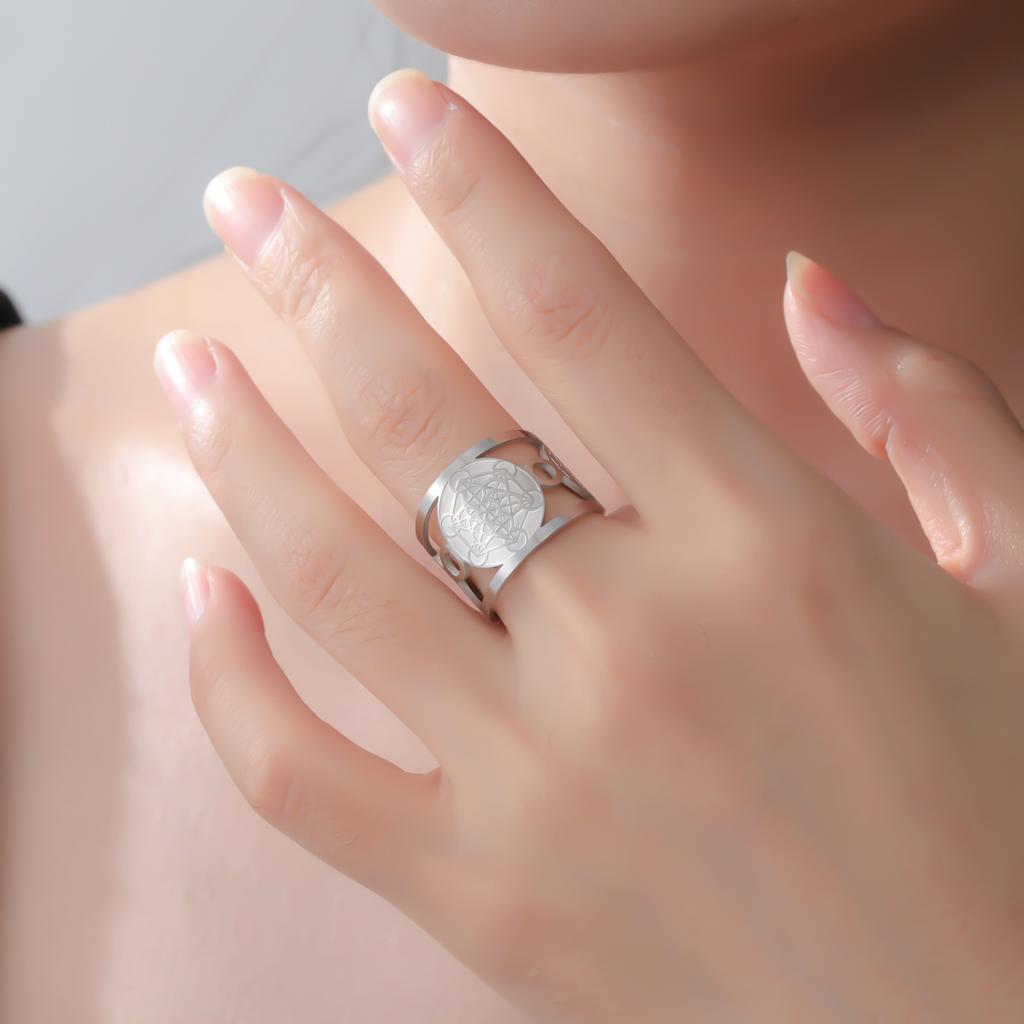 LIKGREAT Geometric Metatron Ring For Women Men Adjustable Size Stainless Steel Rings Solomon Supernatural Amulet Jewelry Gift