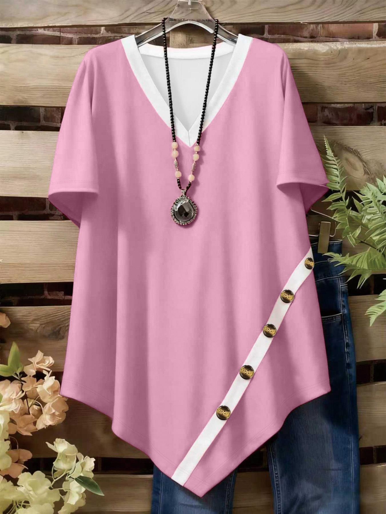 

2026 European American Color Block V-Neck Asymmetrical Button Hem Plus Size T-Shirt - Women s Short Sleeve Fashion XL рожевий