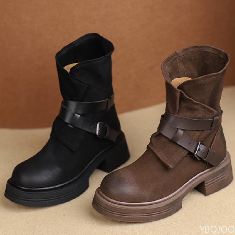 Buty na grubej podeszwie dla kobiet na jesień zimę niszowe retro brązowe krótkie botki modne proste wygodne wszechstronne damskie buty