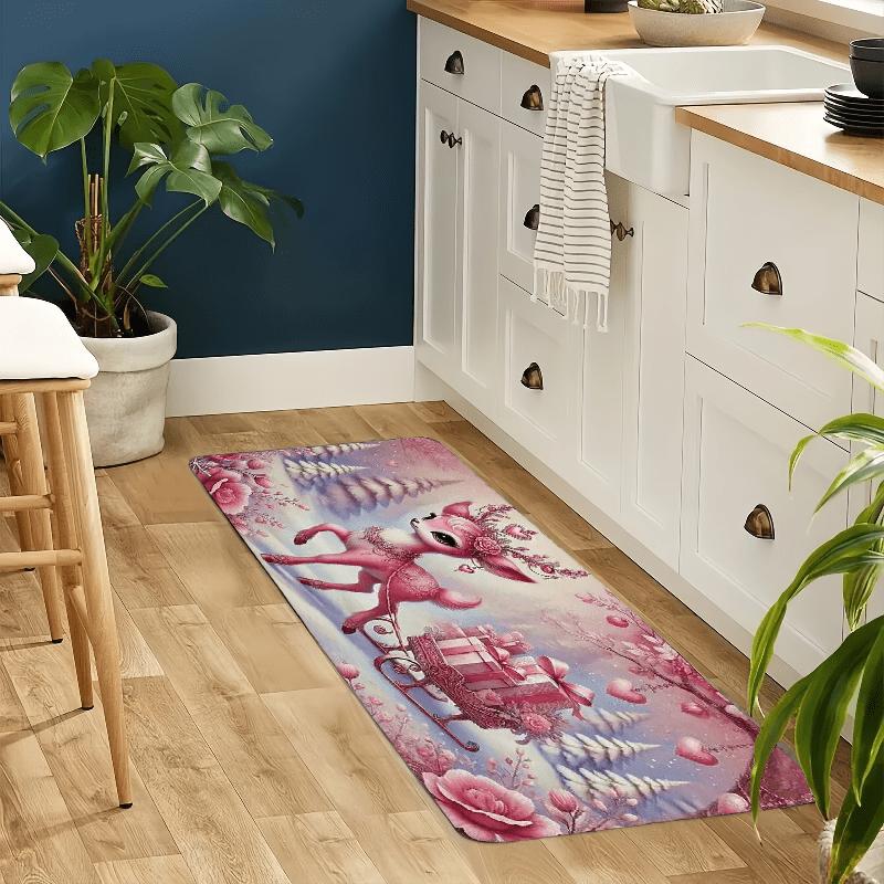 1Pcs Anti Fatigue Kitchen Rugs,Christmas Pink Deer  Print Waterproof Non-Slip Thick Cushioned Kitchen Mat Heavy Duty Comfort Standing Mat for Kitchen