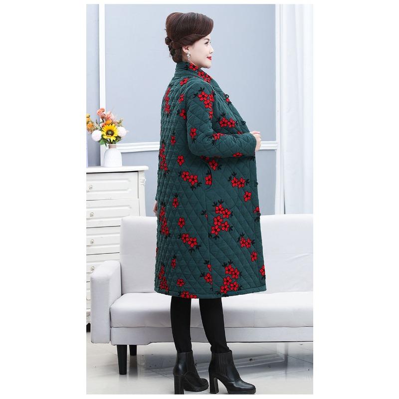 Chinese Style Embroidered Cotton Coat for Middle Aged Women Thickened Warm Long Jacket with Frog Buttons