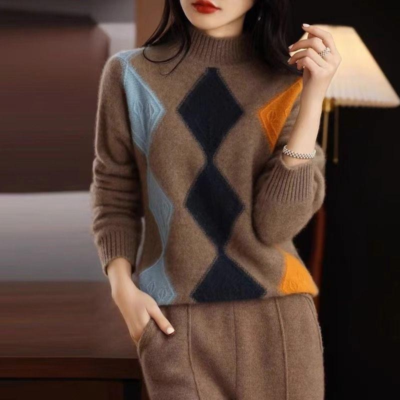 

Женский свитер с полувысоким воротом, толстым жаккардовым узором и вязаным топом в стиле вестерн 4XL верблюд