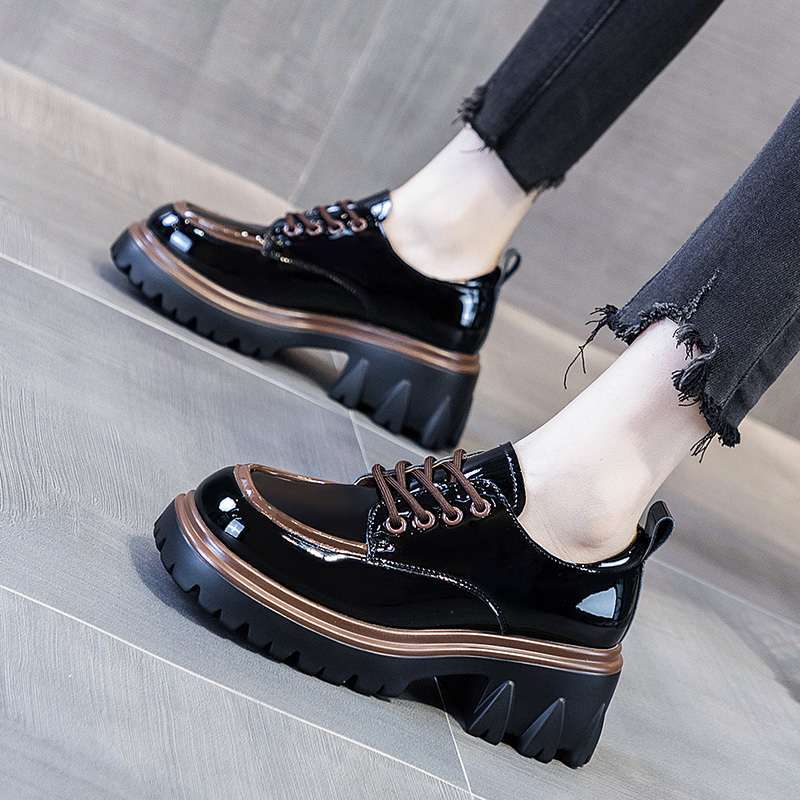 Size 35-43, large size thick-soled heightened retro British style small leather shoes women's 41 round head black lace-up versatile single shoes