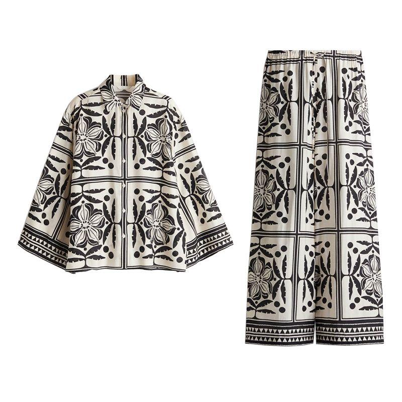 Viscose Blended Lapel Long Sleeves Loose Shirt 1283653 High Waist Drawstring Loose Pants 1283662