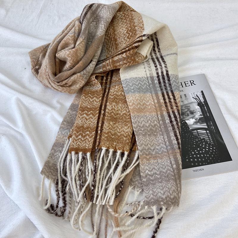 Women's High-End Plaid Tassel Shawl - Imitation Cashmere, Thickened & Warm for Autumn/Winter
