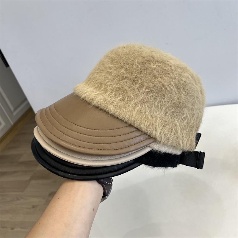 Rabbit Fur Knitted Splicing Leather Brim Equestrian Hat Autumn and Winter Women's Literary and Artistic Face Small Peaked Cap Tide