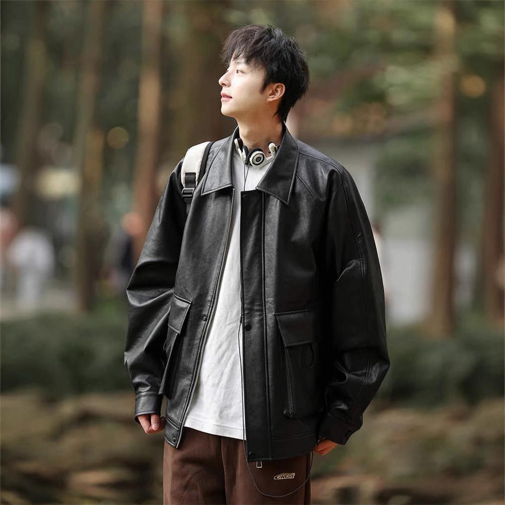 Lapel Pu Leather Jacket Men's Spring and Autumn Outdoor Loose Leather Jacket
