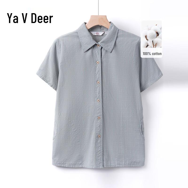YaLu Women s Pure Cotton Plaid Short-Sleeve Cardigan Shirt 2XL