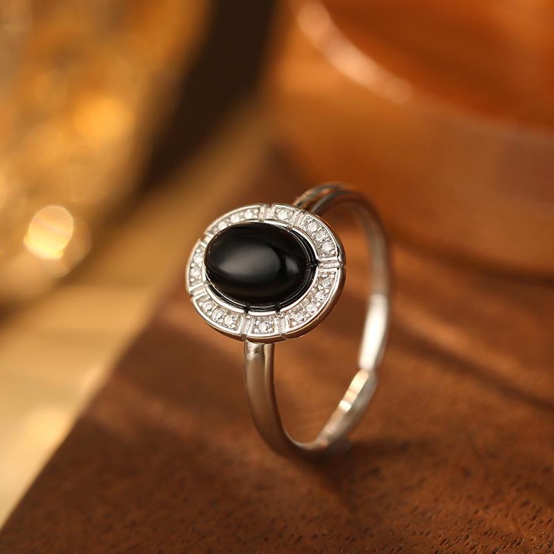 

Кольцо из серебра 925 пробы Banyan Tree в стиле ретро с овальным черным агатом - Дизайн легкой роскоши для женщин Adjustable платиновый