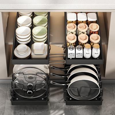 Pull Out Pans Organizer Rack with 8 Adjustable Dividers Sliding Pot and Lid Holder Kitchen Cabinet Utensils Storage Rack