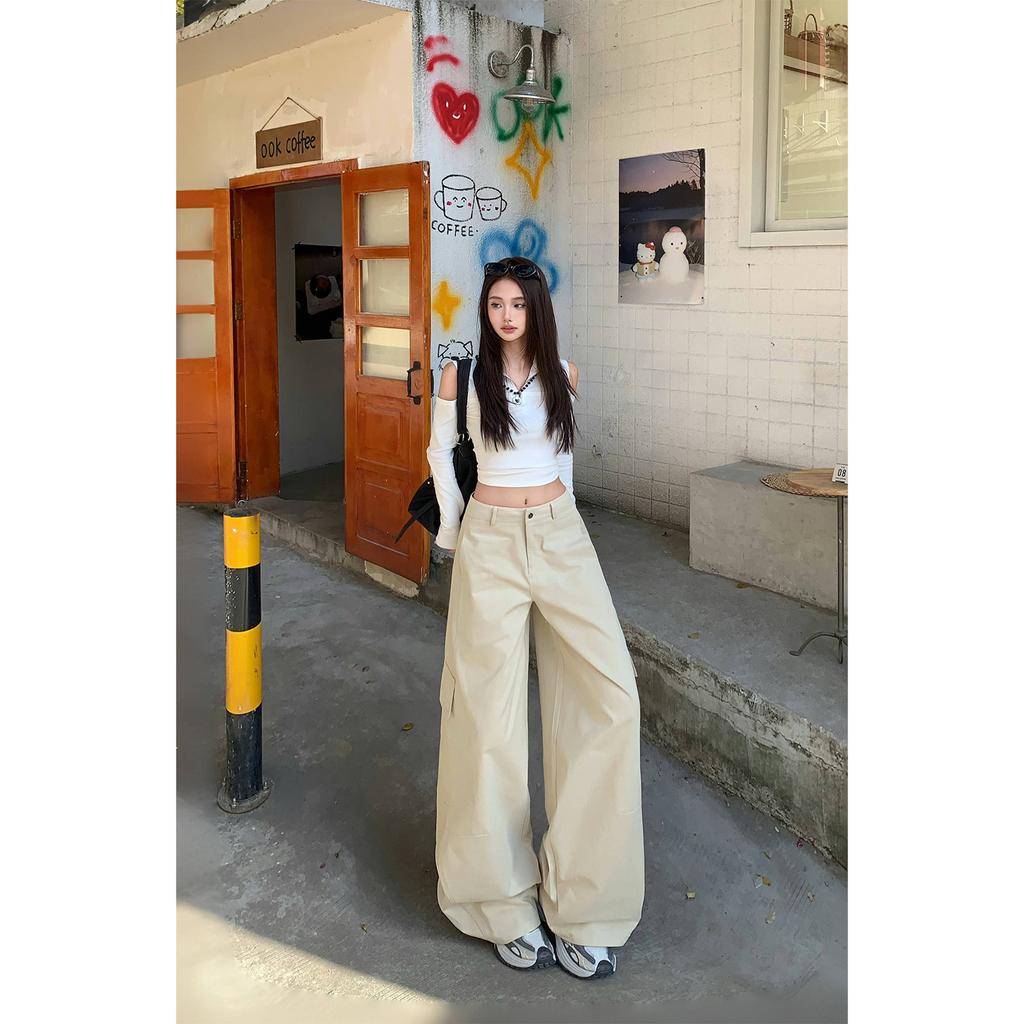 American Vintage Large-pocket Work Pants for Women, 1116 Spring Casual Pants, High-waisted Straight-leg Wide-leg Woolen Pants