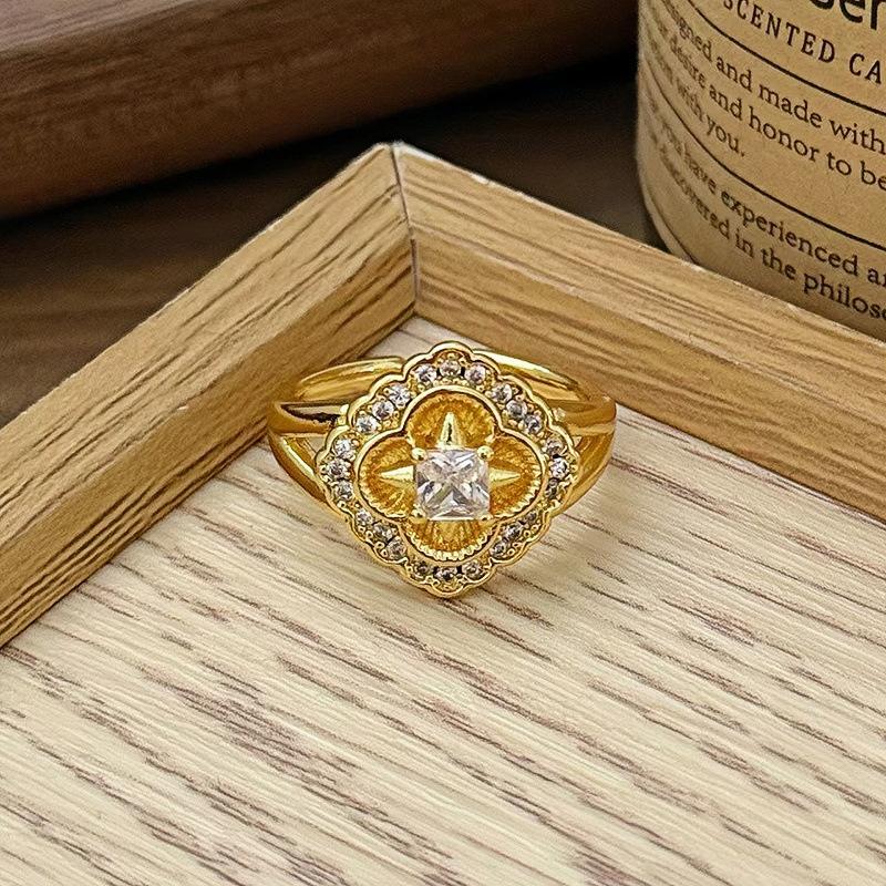 French Medieval Retro Brushed Four-Leaf Clover Open Ring Niche High-End Diamond-Encrusted Zircon Flower Index Finger Ring Female