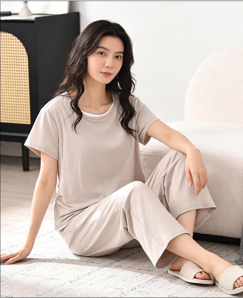 2026 Ultra-Soft Women's Summer Pajamas with Built-in Bra Pads, Short Sleeve & Long Pants, Fake Two-Piece Design