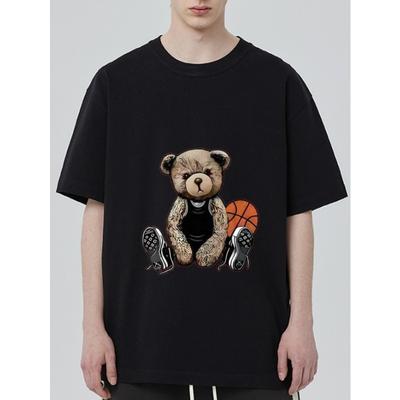 Crewneck T Shirt Black Bear Basketball and Sneakers Print Casual Streetwear for Men and Women