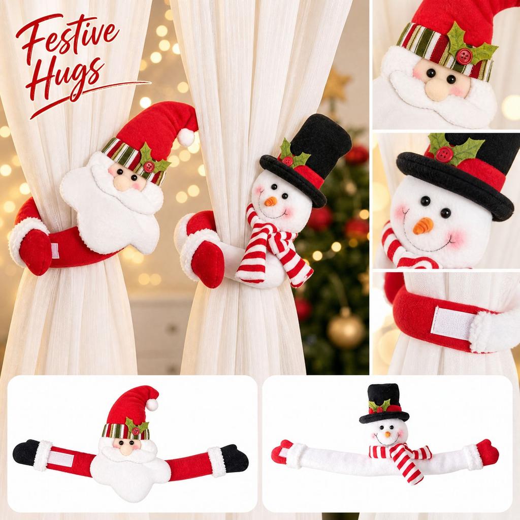 Fabric Curtain Tiebacks and Snowman Doll Design for Christmas Holiday Window Decoration
