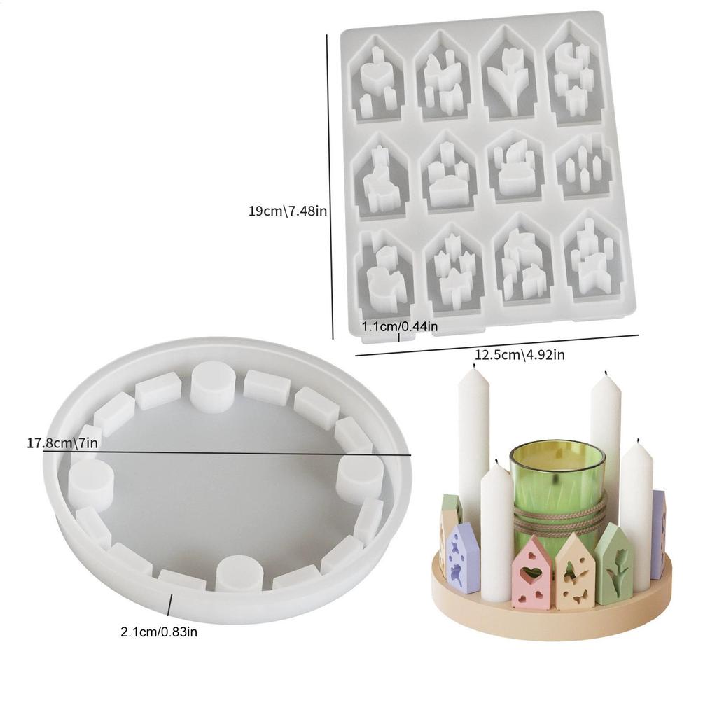 Silicone Christmas Advent wreath Resin Molds 12-Cavity with Base Non-Stick Christmas Houses Candlestick Mold DIY decorative mold