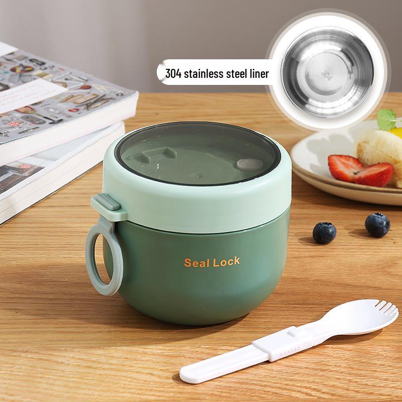 304 Stainless Steel Insulated Breakfast Cup with Lid & Spoon - Large Capacity for Porridge, Oatmeal, Milk; Portable for Students & Office Workers