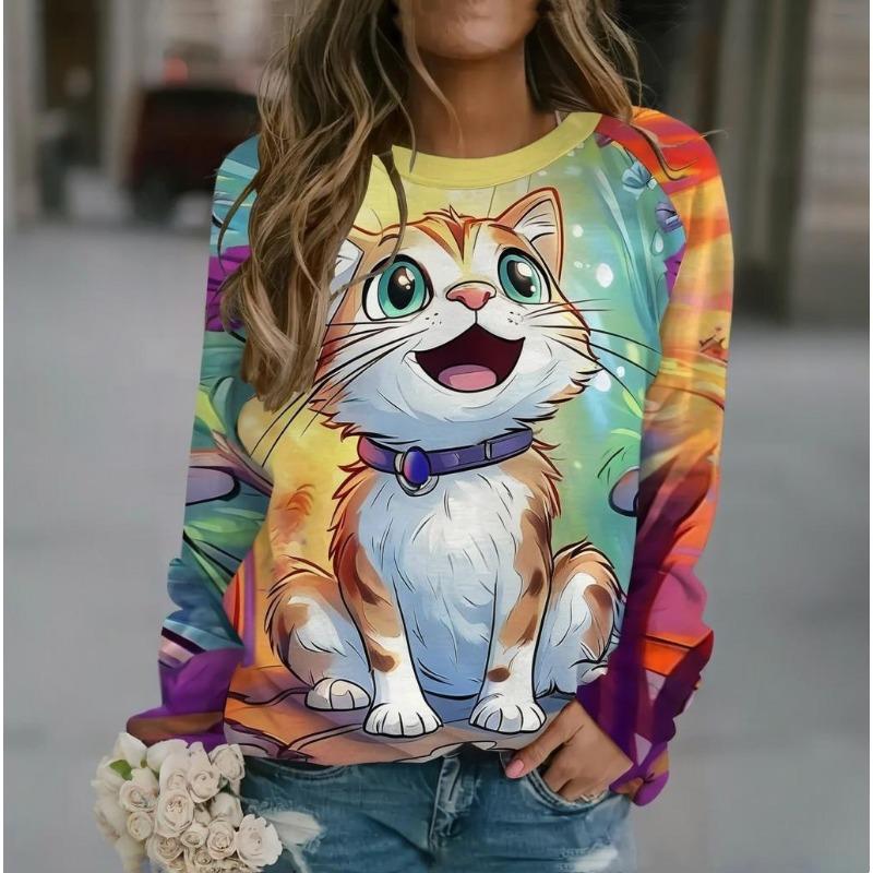 Roztomilý kočičí dámský dlouhý rukáv, podzimní a zimní kulatý výstřih, bavlněné oblečení, kawaii zvířecí tištěné topy 2024, nový módní svetr