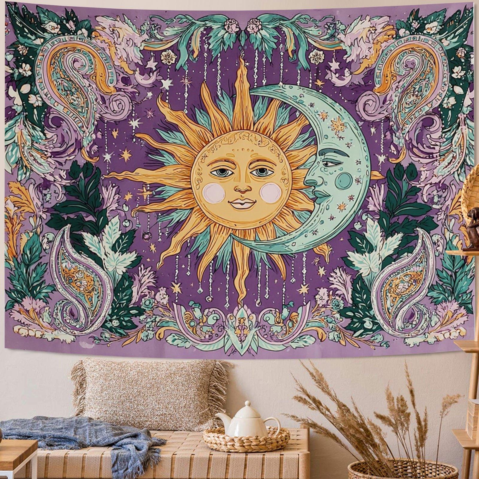 Bohemian Purple Tone Sun Moon God Tapestry Vintage Paisley Pattern Sun Moon Printed Hanging Cloth Room Decoration 100X70CM