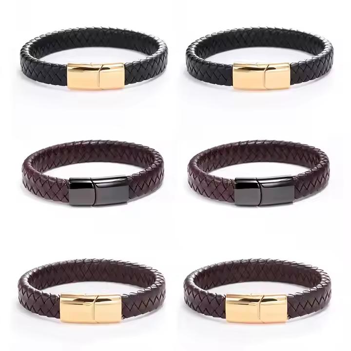 Luxury Men s PU Leather Woven Braided Wrap Bracelets Alloy Silver Gold Black Plated Magnetic Buckle Fashion Accessory for Men Leather Braided Bracleet&18cm