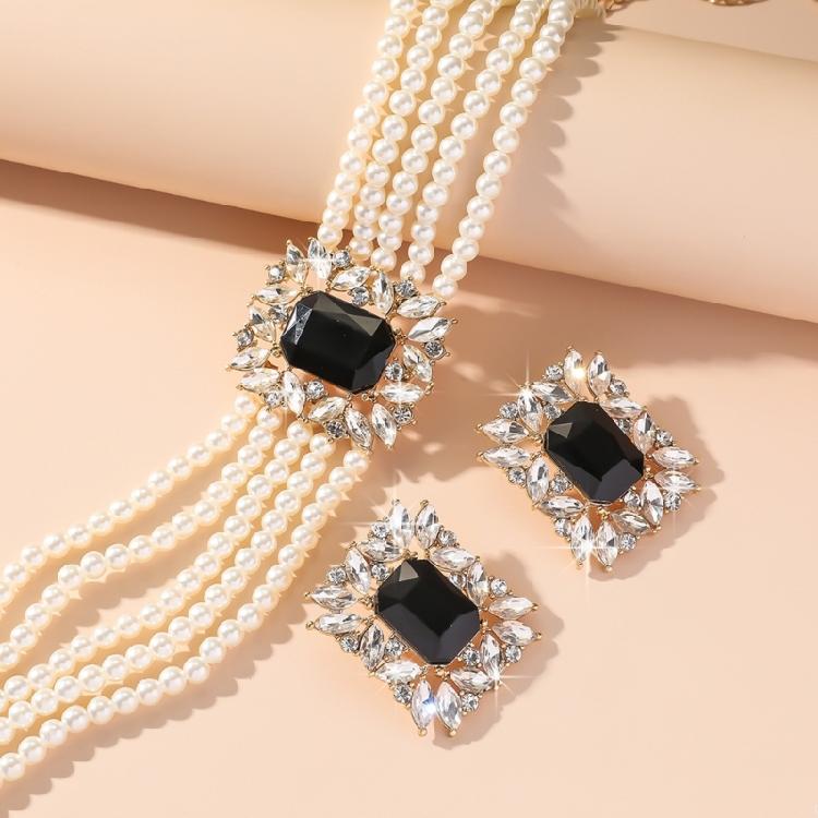 Chic Geometric Design Colorful Crystal Accented Layering Pearls Necklace And Earrings Jewelry Set for Gatherings