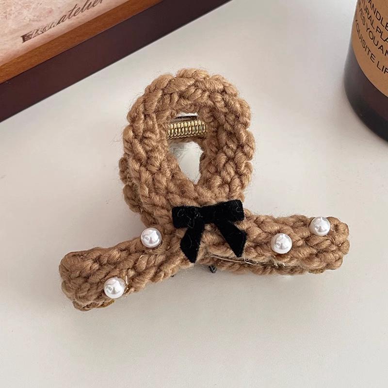 Elegante handgemachte Strickgarn-Bögen Haarklammern Damen Haarschmuck Koreanische mittelgroße Perlenspange Herbst Winter Kopfbedeckung