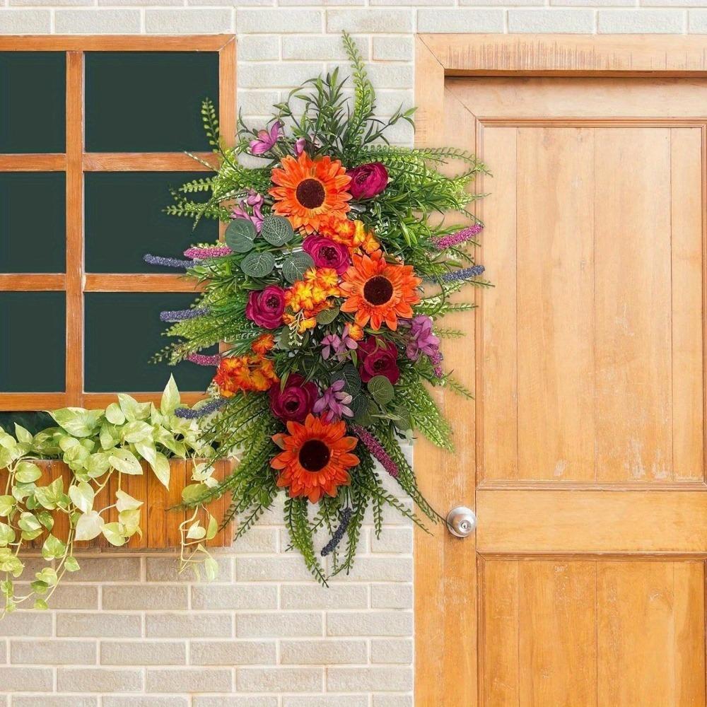 45cm Artificial Fall Swag Harvest Teardrop Wreath Autumn Sunflower Wreath Door Hanging Ornaments Fall Teardrop for Thanksgiving Fall Festival Decor