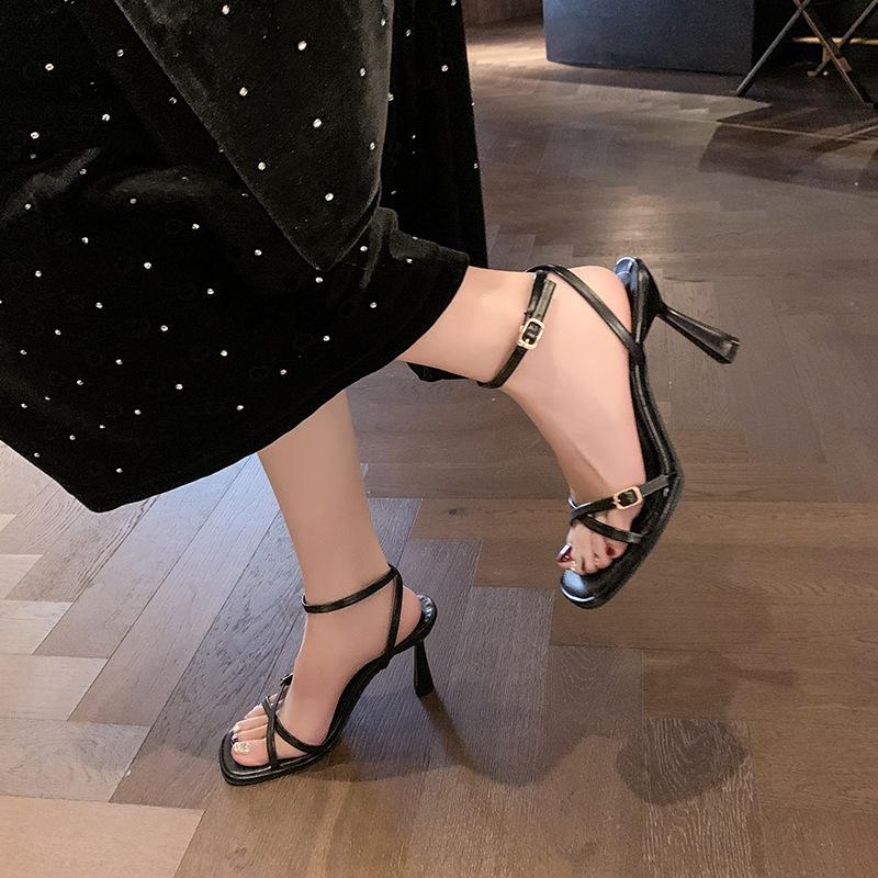 High-heeled Sandals Women's 2025 Summer New One-word Buckle Strap Square Head Thin Heel Temperament Fashion Sandals Women