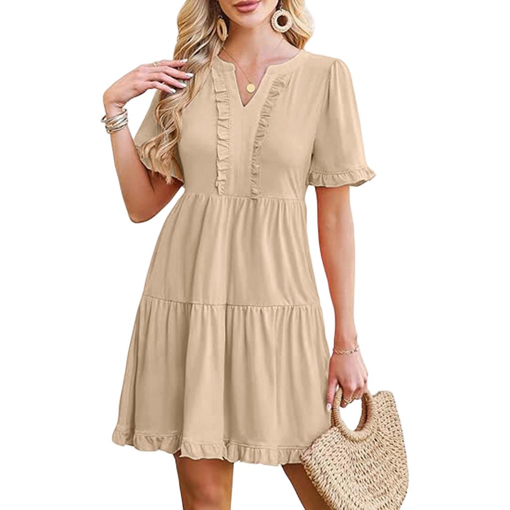 Women's Fashion Casual Ruffled Dress Short Sleeve V-Neck Large Swing Dress