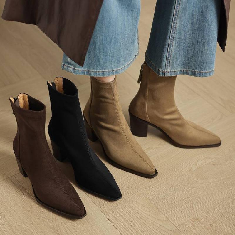 New Rubber Sole Versatile Thin Boots Solid Color High Heel Pointed Large Size Women's Boots Autumn and Winter Square Heel Cowhide Medium Boots