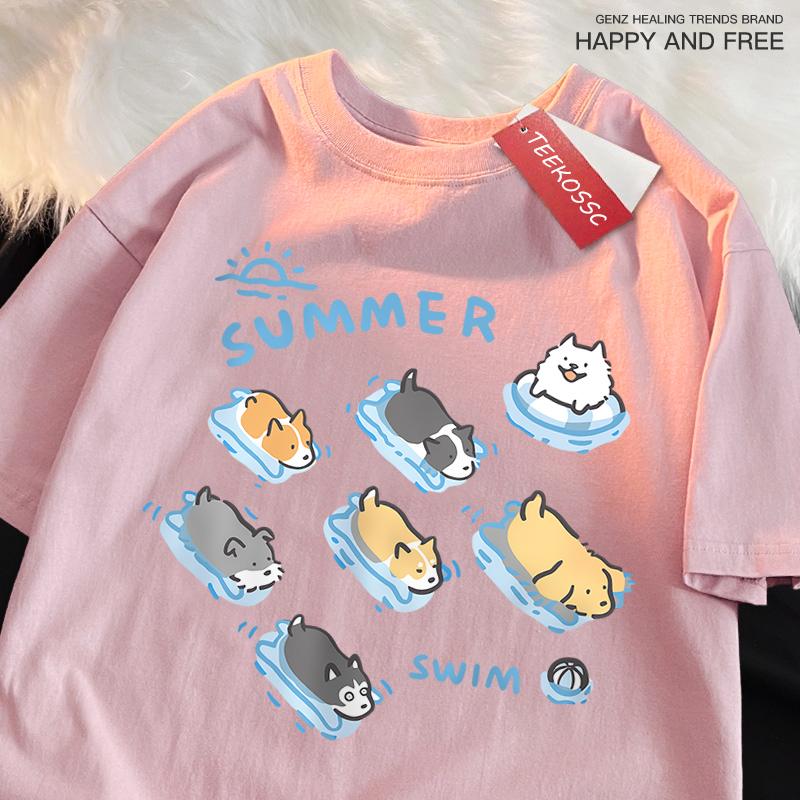 Fun Cat And Dog Swimming Japanese Style T-Shirt Female Casual Loose T-Shirts Summer Tops Fashion Breathable Tee Clothing