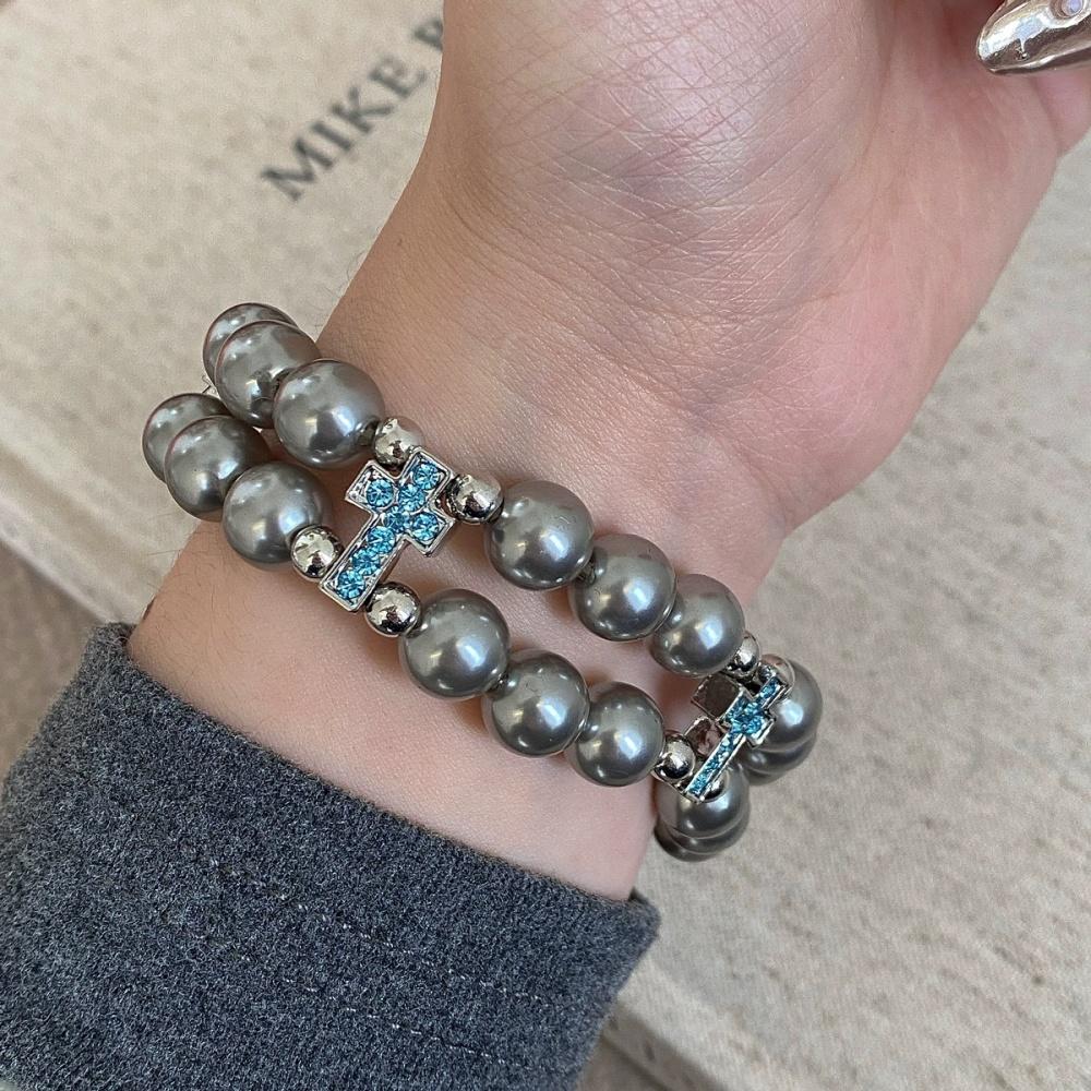 

New Geometry Zircon Cross Simulated-pearl Bracelet Necklace Unique Trend Fashion Style Versatile Luxury High End Couple Jewelry