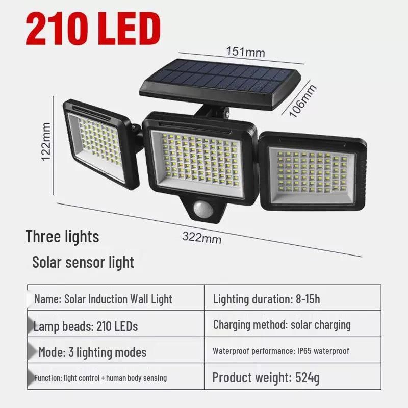 Drei-Kopf LED Solar Bewegungssensor Außenwandleuchte, Wasserdicht für Garten, Hof, Zaun und Heimbeleuchtung.