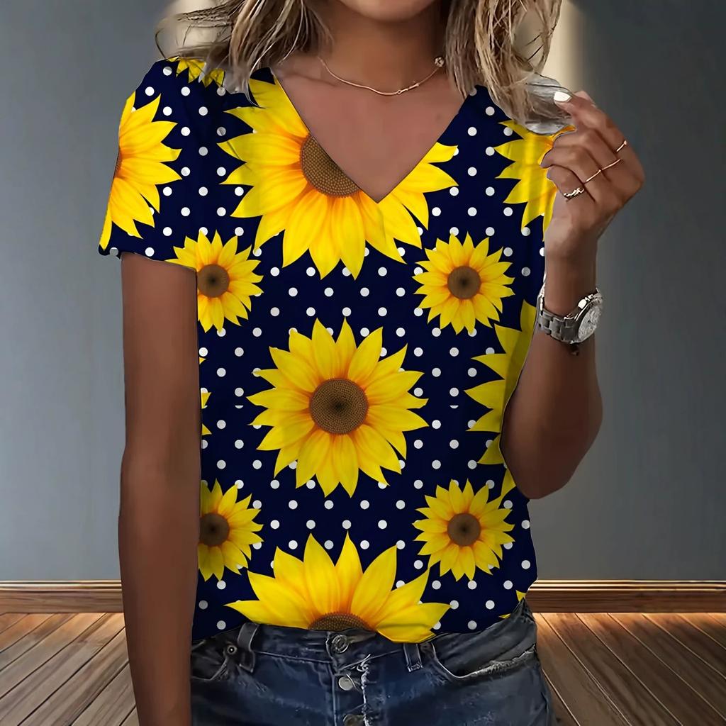 New summer new print casual v-neck T-shirt trendy creative elements suitable for casual T-shirts