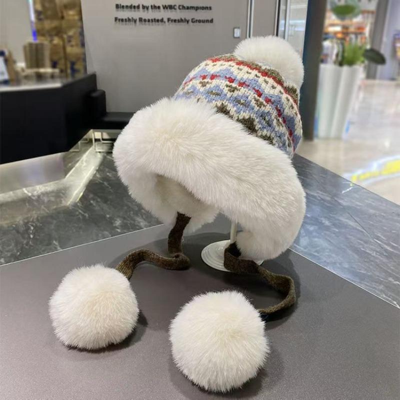 Hat Women's Autumn and Winter Color Knitted Plush Bucket Hat Warm Windproof Ear Protection Pullover Basin Hat Tide Mongolian Hat