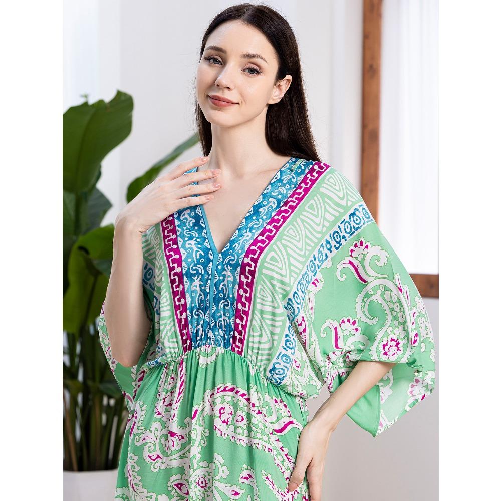 Plus Size Boho Kaftan Dress, Women's Plus Maxi Cover Up Dress