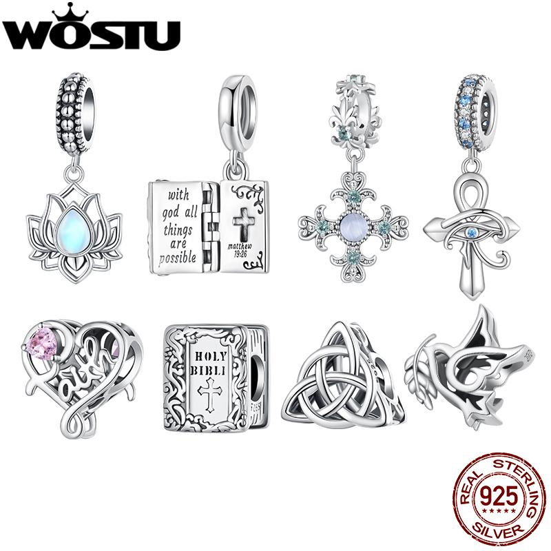 WOSTU 925 Silver Religious Openable Bible Book Charm Cross Faith Pendant Celtic Knot bead Fir Bracelet DIY Family Gift
