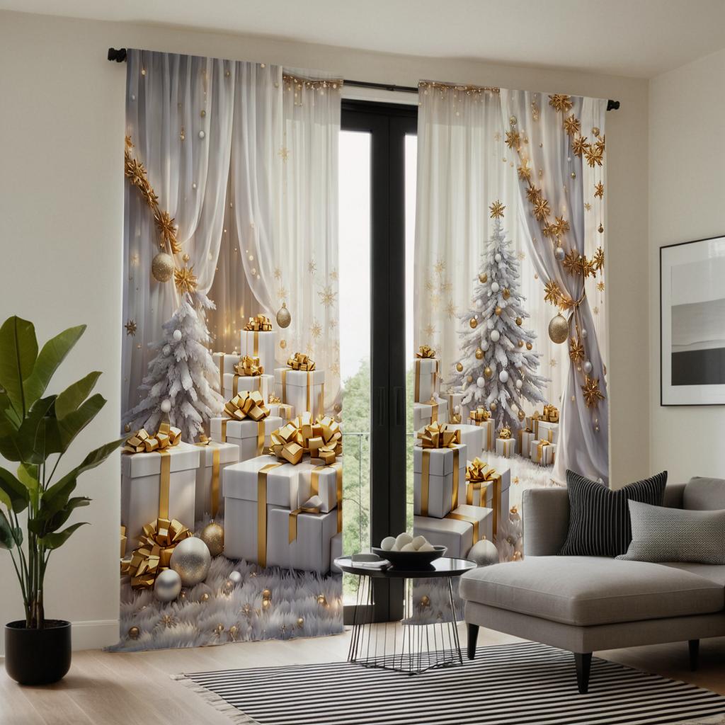 2pcs HD digital white color system dreamy gold light luxury style curtains home decorating style decoration living room bedro
