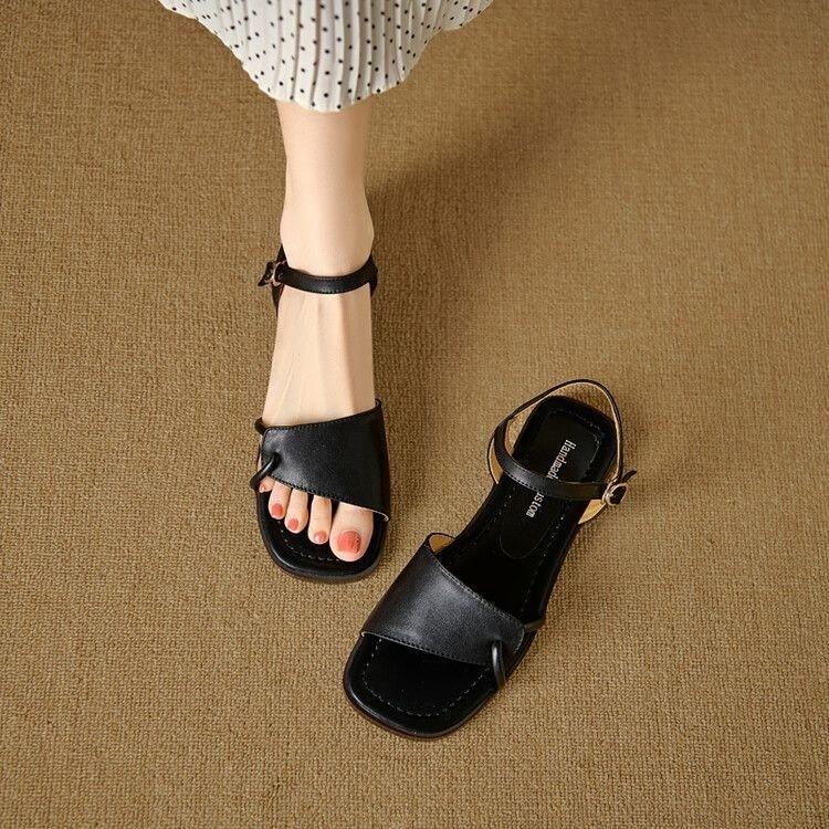 Silver one-word open-toed sandals women's flat summer new leather versatile sandals