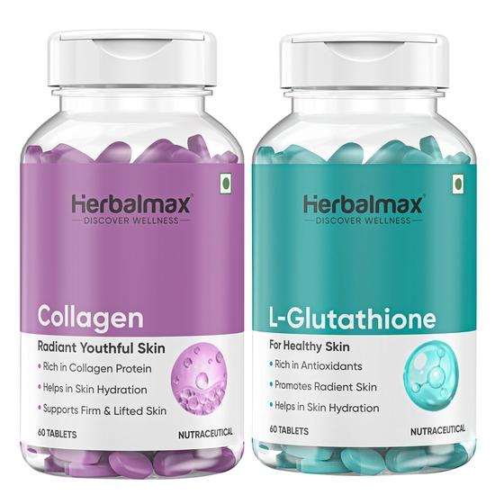 

Herbal Max Collagen Supplements & Glutathione Supplements - 120N With Vitamin C | Peptides For Anti Aging & Skin Clarity