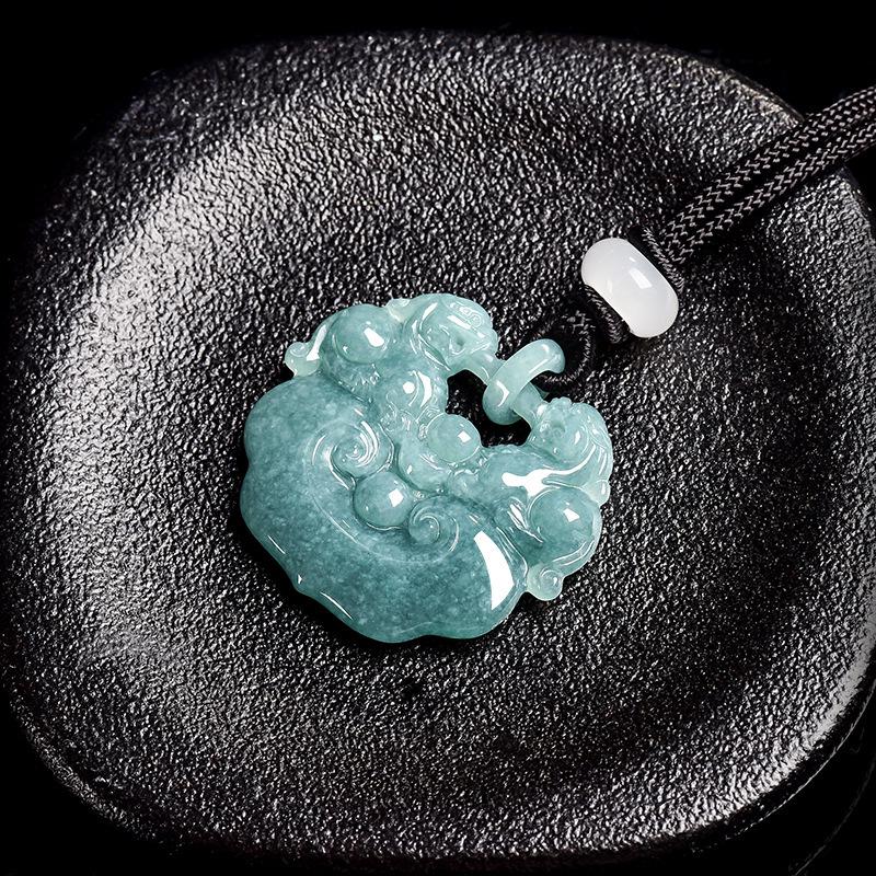 Premium Blue Jade Pixiu Ruyi Pendant Necklace with Leather Tassel
