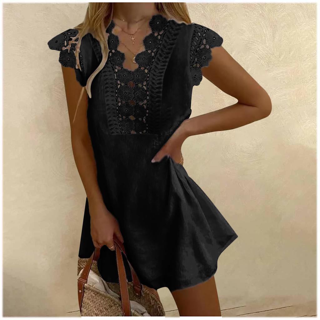 Wish Ladies Solid Color Washed Wrinkled Lace Summer Cool Dress