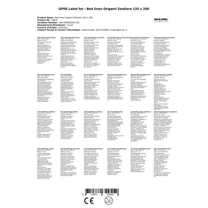 Snurk Parure de lit Origami animaux du zoo 135 x 200