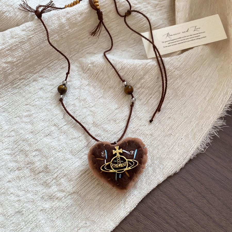 Retro style coffee fabric acrylic love necklace light luxury sweater chain versatile necklace women